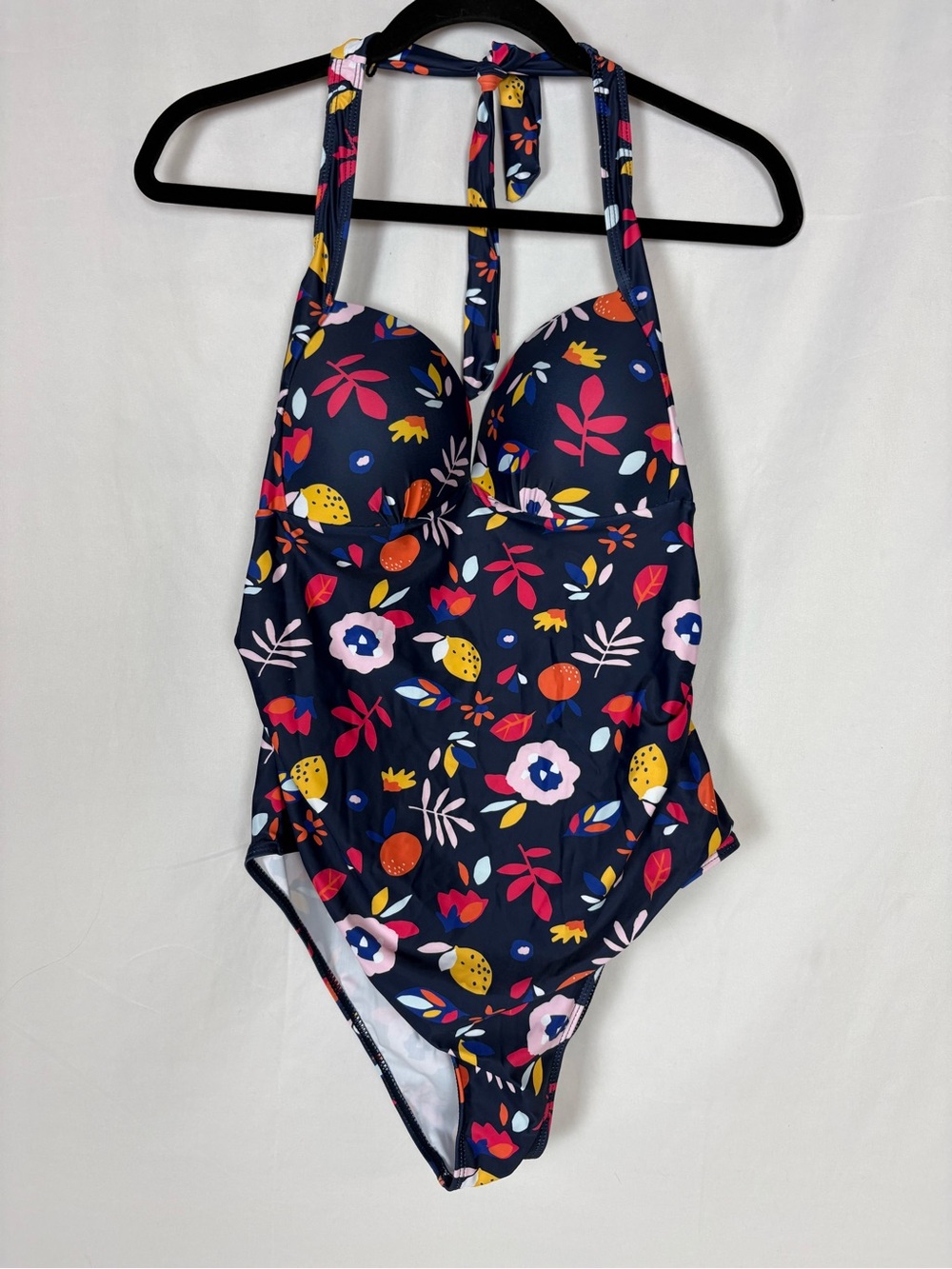 Navy Floral Halter One-Piece Swimsuit with Pink & Yellow Accents